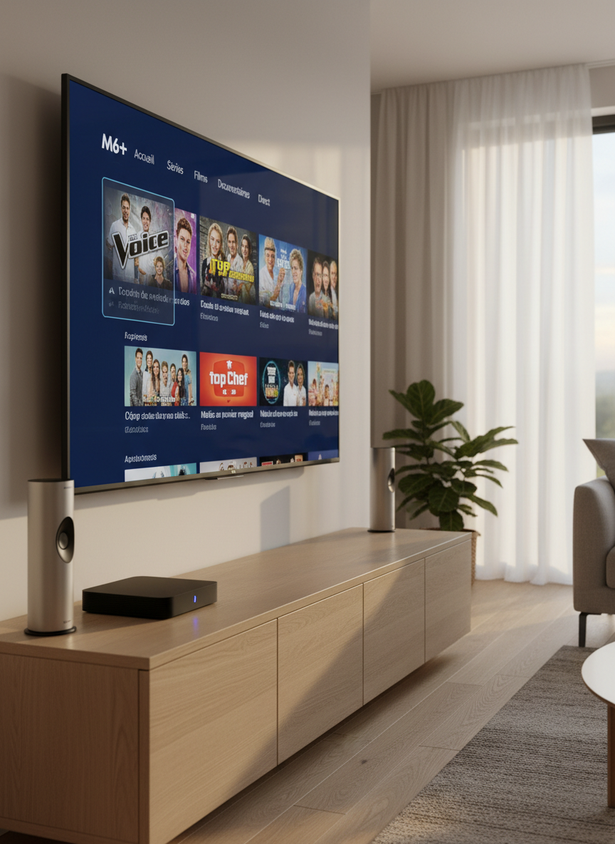 A sleek flat-screen television displaying the M6+ streaming interface, with vibrant show thumbnails and clear navigation menus, mounted on a light oak media console in a modern living room. Around it, minimalistic speakers and a compact streaming box with a glowing status light suggest a high-end setup. Soft evening light filters through sheer curtains, complemented by the cool glow of the TV, casting gentle reflections on the console’s smooth surface. Photographed at eye level with a shallow depth of field, the television interface remains in sharp focus while the background fades into a subtle bokeh. The mood is professional yet cozy, embodying photographic realism with a clean, modern aesthetic suitable for a streaming-focused blog homepage hero image.