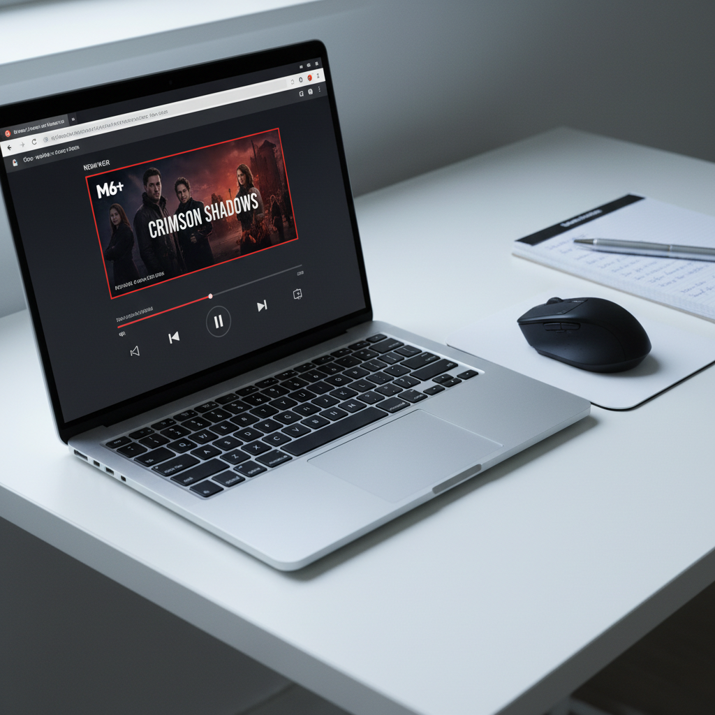 A close-up of a polished laptop on a tidy white desk, its screen showing an open browser tab on the M6+ platform with a highlighted new series and clearly visible playback controls. Beside the laptop rests a matte black wireless mouse and a slim notepad with a pen, suggesting active note-taking for a critique or guide. Cool daylight from a nearby window creates diffused, shadow-free illumination, reflecting softly on the laptop’s metallic surface. Captured from a slightly elevated three-quarter angle, the composition uses the rule of thirds, with the laptop screen as the visual anchor and the desk accessories providing balance. The atmosphere is focused and analytical, conveying a professional, photographic realism ideal for articles about reviews and streaming tips.